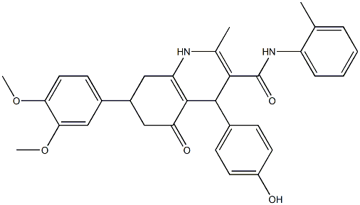 7-(3,4-dimethoxyphenyl)-4-(4-hydroxyphenyl)-2-methyl-N-(2-methylphenyl)-5-oxo-4,6,7,8-tetrahydro-1H-quinoline-3-carboxamide Struktur