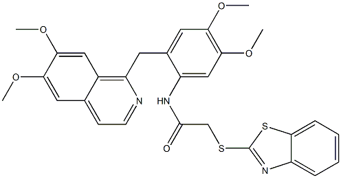 2-(1,3-benzothiazol-2-ylsulfanyl)-N-[2-[(6,7-dimethoxyisoquinolin-1-yl)methyl]-4,5-dimethoxyphenyl]acetamide Struktur