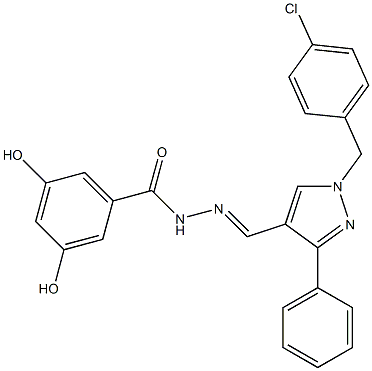 N-[(E)-[1-[(4-chlorophenyl)methyl]-3-phenylpyrazol-4-yl]methylideneamino]-3,5-dihydroxybenzamide Struktur