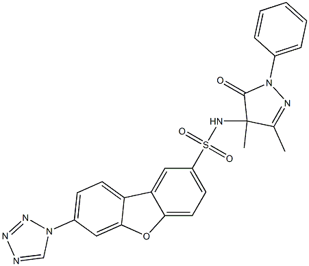 N-(3,4-dimethyl-5-oxo-1-phenylpyrazol-4-yl)-7-(tetrazol-1-yl)dibenzofuran-2-sulfonamide Struktur