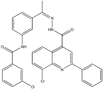 8-chloro-N-[(Z)-1-[3-[(3-chlorobenzoyl)amino]phenyl]ethylideneamino]-2-phenylquinoline-4-carboxamide Struktur