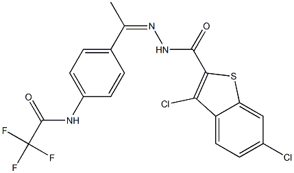 3,6-dichloro-N-[(Z)-1-[4-[(2,2,2-trifluoroacetyl)amino]phenyl]ethylideneamino]-1-benzothiophene-2-carboxamide Struktur