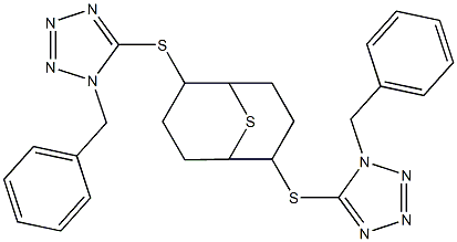 1-benzyl-5-[[2-(1-benzyltetrazol-5-yl)sulfanyl-9-thiabicyclo[3.3.1]nonan-6-yl]sulfanyl]tetrazole Struktur