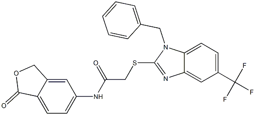 2-[1-benzyl-5-(trifluoromethyl)benzimidazol-2-yl]sulfanyl-N-(1-oxo-3H-2-benzofuran-5-yl)acetamide Struktur