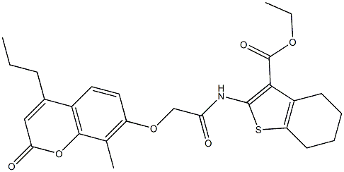 ethyl 2-[[2-(8-methyl-2-oxo-4-propylchromen-7-yl)oxyacetyl]amino]-4,5,6,7-tetrahydro-1-benzothiophene-3-carboxylate Struktur