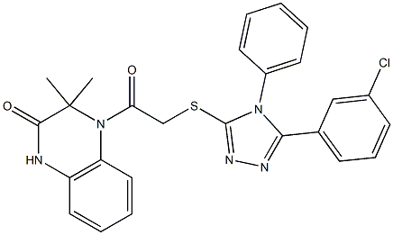 4-[2-[[5-(3-chlorophenyl)-4-phenyl-1,2,4-triazol-3-yl]sulfanyl]acetyl]-3,3-dimethyl-1H-quinoxalin-2-one Struktur