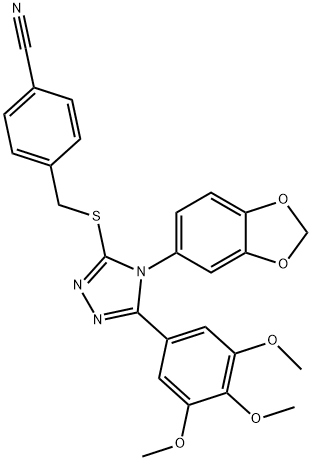 4-[[4-(1,3-benzodioxol-5-yl)-5-(3,4,5-trimethoxyphenyl)-1,2,4-triazol-3-yl]sulfanylmethyl]benzonitrile Struktur