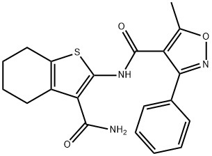 N-(3-carbamoyl-4,5,6,7-tetrahydro-1-benzothiophen-2-yl)-5-methyl-3-phenyl-1,2-oxazole-4-carboxamide Struktur