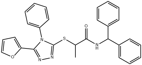 N-benzhydryl-2-[[5-(furan-2-yl)-4-phenyl-1,2,4-triazol-3-yl]sulfanyl]propanamide Struktur