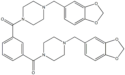 [3-[4-(1,3-benzodioxol-5-ylmethyl)piperazine-1-carbonyl]phenyl]-[4-(1,3-benzodioxol-5-ylmethyl)piperazin-1-yl]methanone Struktur