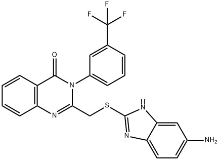 2-[(6-amino-1H-benzimidazol-2-yl)sulfanylmethyl]-3-[3-(trifluoromethyl)phenyl]quinazolin-4-one Struktur