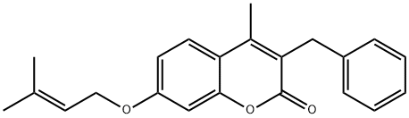 3-benzyl-4-methyl-7-(3-methylbut-2-enoxy)chromen-2-one Struktur