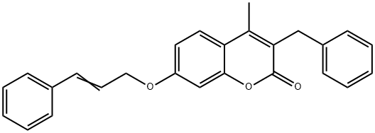 3-benzyl-4-methyl-7-[(E)-3-phenylprop-2-enoxy]chromen-2-one Struktur