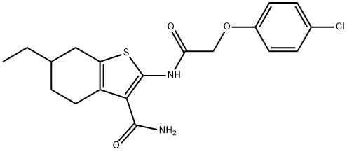 2-[[2-(4-chlorophenoxy)acetyl]amino]-6-ethyl-4,5,6,7-tetrahydro-1-benzothiophene-3-carboxamide Struktur