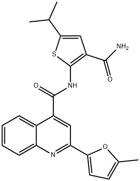 N-(3-carbamoyl-5-propan-2-ylthiophen-2-yl)-2-(5-methylfuran-2-yl)quinoline-4-carboxamide Struktur