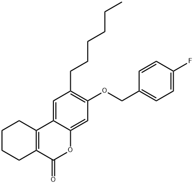 3-[(4-fluorophenyl)methoxy]-2-hexyl-7,8,9,10-tetrahydrobenzo[c]chromen-6-one Struktur