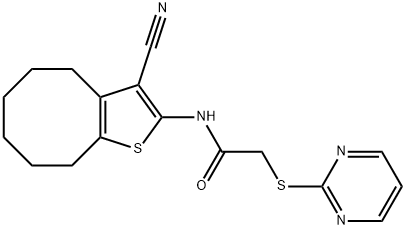 N-(3-cyano-4,5,6,7,8,9-hexahydrocycloocta[b]thiophen-2-yl)-2-pyrimidin-2-ylsulfanylacetamide Struktur