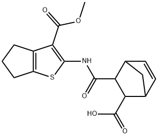 2-[(3-methoxycarbonyl-5,6-dihydro-4H-cyclopenta[b]thiophen-2-yl)carbamoyl]bicyclo[2.2.1]hept-5-ene-3-carboxylic acid Struktur