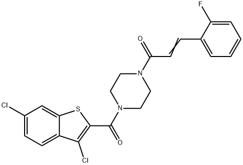 (E)-1-[4-(3,6-dichloro-1-benzothiophene-2-carbonyl)piperazin-1-yl]-3-(2-fluorophenyl)prop-2-en-1-one Struktur