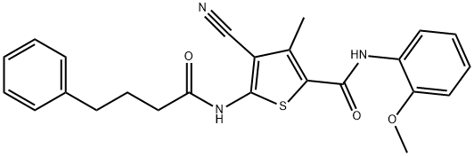 4-cyano-N-(2-methoxyphenyl)-3-methyl-5-(4-phenylbutanoylamino)thiophene-2-carboxamide Struktur