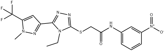 2-[[4-ethyl-5-[1-methyl-5-(trifluoromethyl)pyrazol-3-yl]-1,2,4-triazol-3-yl]sulfanyl]-N-(3-nitrophenyl)acetamide Struktur