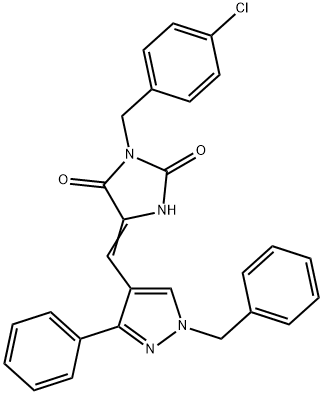 (5Z)-5-[(1-benzyl-3-phenylpyrazol-4-yl)methylidene]-3-[(4-chlorophenyl)methyl]imidazolidine-2,4-dione Struktur