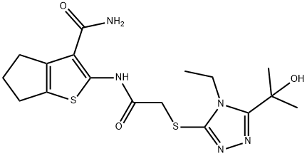 2-[[2-[[4-ethyl-5-(2-hydroxypropan-2-yl)-1,2,4-triazol-3-yl]sulfanyl]acetyl]amino]-5,6-dihydro-4H-cyclopenta[b]thiophene-3-carboxamide Struktur