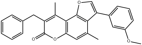 8-benzyl-3-(3-methoxyphenyl)-4,9-dimethylfuro[2,3-f]chromen-7-one Struktur