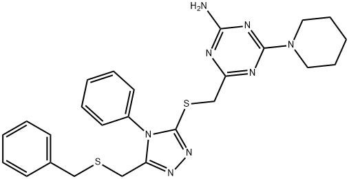 4-[[5-(benzylsulfanylmethyl)-4-phenyl-1,2,4-triazol-3-yl]sulfanylmethyl]-6-piperidin-1-yl-1,3,5-triazin-2-amine Struktur