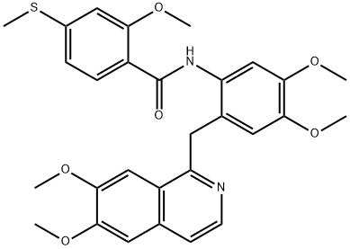 N-[2-[(6,7-dimethoxyisoquinolin-1-yl)methyl]-4,5-dimethoxyphenyl]-2-methoxy-4-methylsulfanylbenzamide Struktur