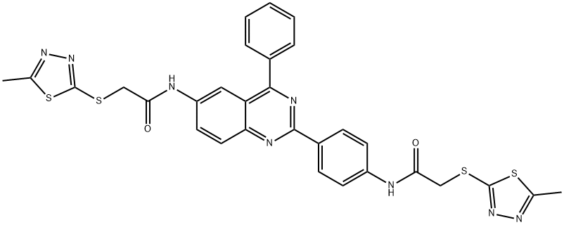 2-[(5-methyl-1,3,4-thiadiazol-2-yl)sulfanyl]-N-[4-[6-[[2-[(5-methyl-1,3,4-thiadiazol-2-yl)sulfanyl]acetyl]amino]-4-phenylquinazolin-2-yl]phenyl]acetamide Struktur