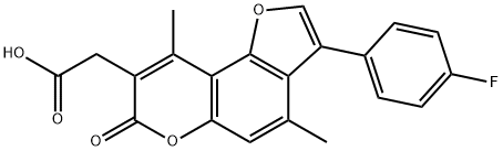 2-[3-(4-fluorophenyl)-4,9-dimethyl-7-oxofuro[2,3-f]chromen-8-yl]acetic acid Struktur