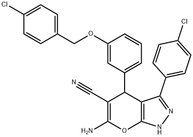 6-amino-3-(4-chlorophenyl)-4-[3-[(4-chlorophenyl)methoxy]phenyl]-2,4-dihydropyrano[2,3-c]pyrazole-5-carbonitrile Struktur