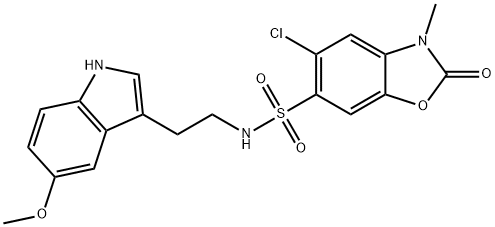 5-chloro-N-[2-(5-methoxy-1H-indol-3-yl)ethyl]-3-methyl-2-oxo-1,3-benzoxazole-6-sulfonamide Struktur