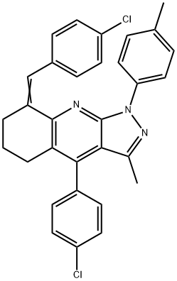 (8E)-4-(4-chlorophenyl)-8-[(4-chlorophenyl)methylidene]-3-methyl-1-(4-methylphenyl)-6,7-dihydro-5H-pyrazolo[3,4-b]quinoline Struktur