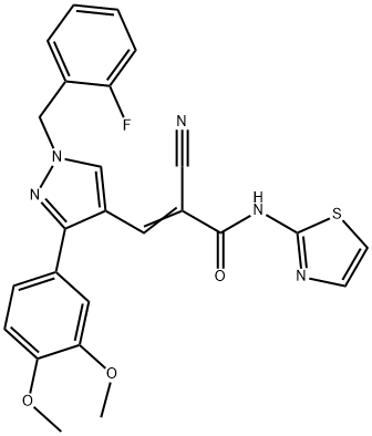 (E)-2-cyano-3-[3-(3,4-dimethoxyphenyl)-1-[(2-fluorophenyl)methyl]pyrazol-4-yl]-N-(1,3-thiazol-2-yl)prop-2-enamide Struktur