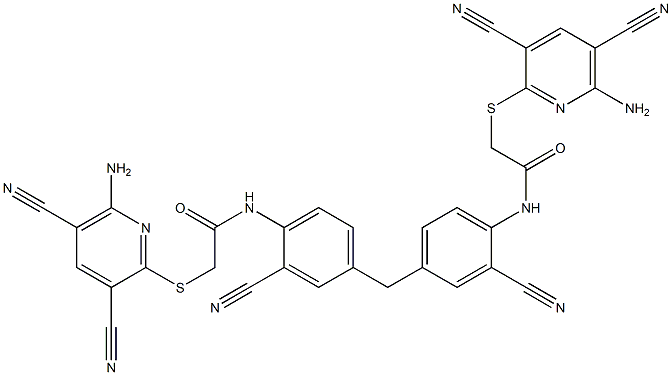 2-(6-amino-3,5-dicyanopyridin-2-yl)sulfanyl-N-[4-[[4-[[2-(6-amino-3,5-dicyanopyridin-2-yl)sulfanylacetyl]amino]-3-cyanophenyl]methyl]-2-cyanophenyl]acetamide Struktur