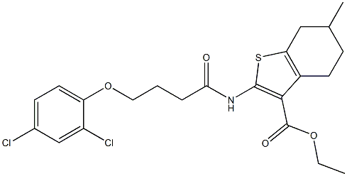 ethyl 2-[4-(2,4-dichlorophenoxy)butanoylamino]-6-methyl-4,5,6,7-tetrahydro-1-benzothiophene-3-carboxylate Struktur