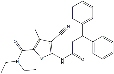 4-cyano-5-(3,3-diphenylpropanoylamino)-N,N-diethyl-3-methylthiophene-2-carboxamide Struktur