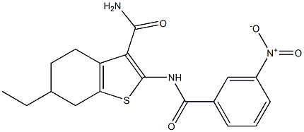 6-ethyl-2-[(3-nitrobenzoyl)amino]-4,5,6,7-tetrahydro-1-benzothiophene-3-carboxamide Struktur