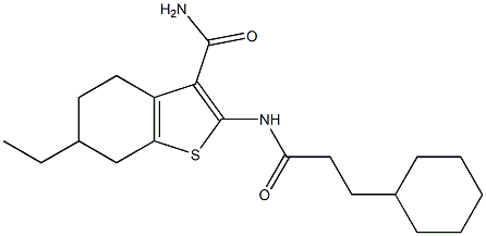 2-(3-cyclohexylpropanoylamino)-6-ethyl-4,5,6,7-tetrahydro-1-benzothiophene-3-carboxamide Struktur