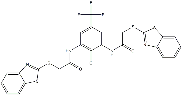 2-(1,3-benzothiazol-2-ylsulfanyl)-N-[3-[[2-(1,3-benzothiazol-2-ylsulfanyl)acetyl]amino]-2-chloro-5-(trifluoromethyl)phenyl]acetamide Struktur