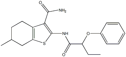 6-methyl-2-(2-phenoxybutanoylamino)-4,5,6,7-tetrahydro-1-benzothiophene-3-carboxamide Struktur