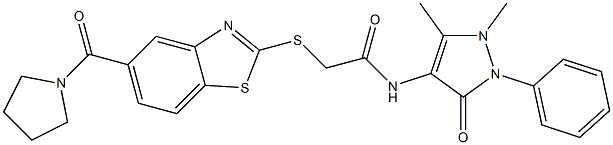 N-(1,5-dimethyl-3-oxo-2-phenylpyrazol-4-yl)-2-[[5-(pyrrolidine-1-carbonyl)-1,3-benzothiazol-2-yl]sulfanyl]acetamide Struktur