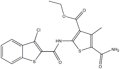 ethyl 5-carbamoyl-2-[(3-chloro-1-benzothiophene-2-carbonyl)amino]-4-methylthiophene-3-carboxylate Struktur