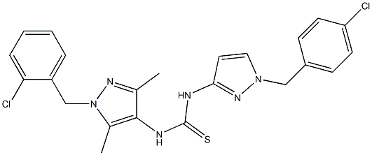 1-[1-[(2-chlorophenyl)methyl]-3,5-dimethylpyrazol-4-yl]-3-[1-[(4-chlorophenyl)methyl]pyrazol-3-yl]thiourea Struktur