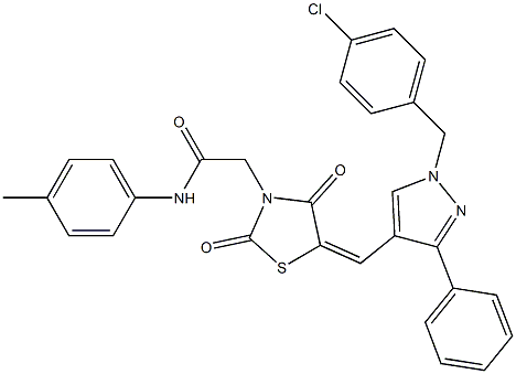 2-[(5Z)-5-[[1-[(4-chlorophenyl)methyl]-3-phenylpyrazol-4-yl]methylidene]-2,4-dioxo-1,3-thiazolidin-3-yl]-N-(4-methylphenyl)acetamide Struktur