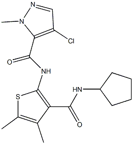 4-chloro-N-[3-(cyclopentylcarbamoyl)-4,5-dimethylthiophen-2-yl]-2-methylpyrazole-3-carboxamide Struktur