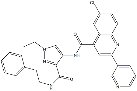 6-chloro-N-[1-ethyl-3-(2-phenylethylcarbamoyl)pyrazol-4-yl]-2-pyridin-3-ylquinoline-4-carboxamide Struktur