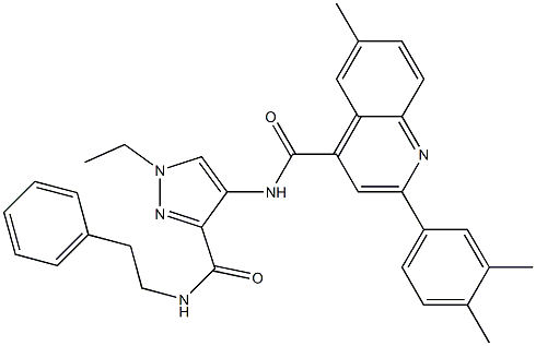 2-(3,4-dimethylphenyl)-N-[1-ethyl-3-(2-phenylethylcarbamoyl)pyrazol-4-yl]-6-methylquinoline-4-carboxamide Struktur